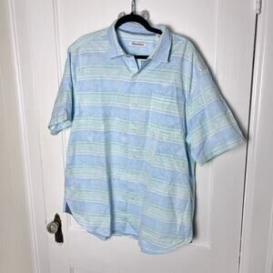 Tommy Bahama Men's Blue Green Striped Short Sleeve Casual Cotton Button Shirt XL